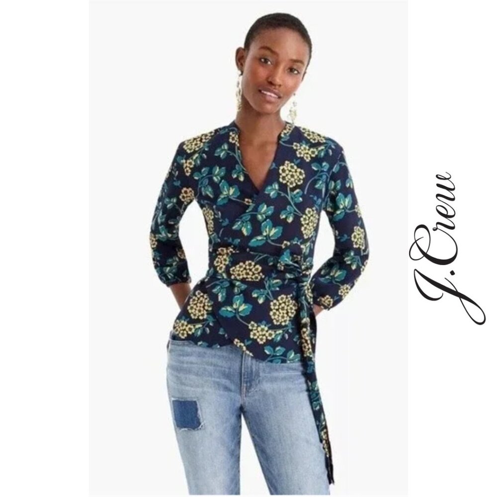 J. Crew Golden Floral Drapey Crepe Wrap Blouse, Size Large
